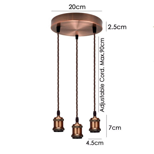 3 Light Rustic Copper Cascade Pendant – Braided Cable, Round Plate