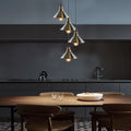 4-Light Cone Pendant Cluster – Satin Nickel Shades, Brass Holders