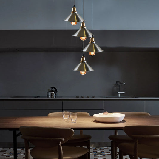 4-Light Cone Pendant Cluster – Satin Nickel Shades, Brass Holders