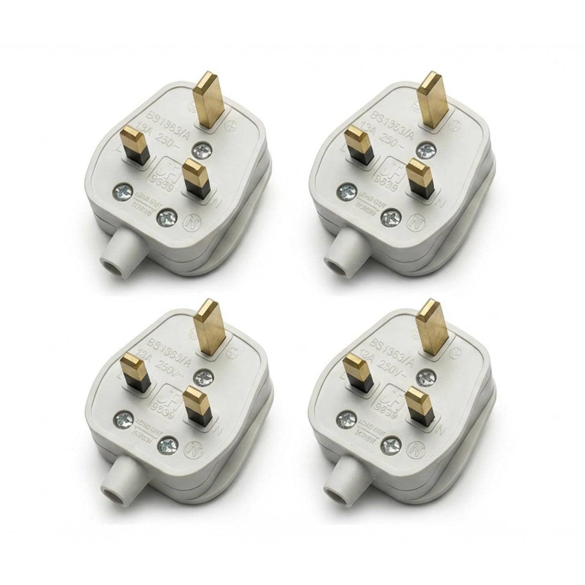13A Rewirable UK Plug – BS1363, White or Clear - Standard, White, Pack of 4