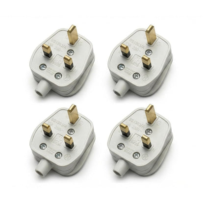 13A Rewirable UK Plug – BS1363, White or Clear - Standard, White, Pack of 4