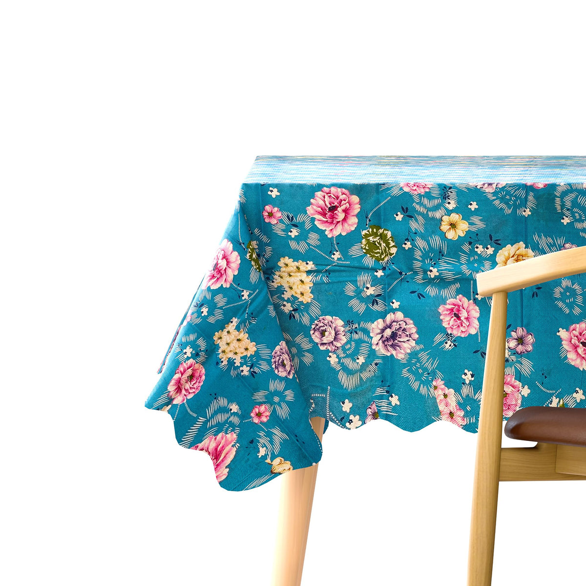 Scalloped Floral Tablecloth – 152 x 230 cm, 5 Designs, Wipe-Clean - Teal, Pink Roses