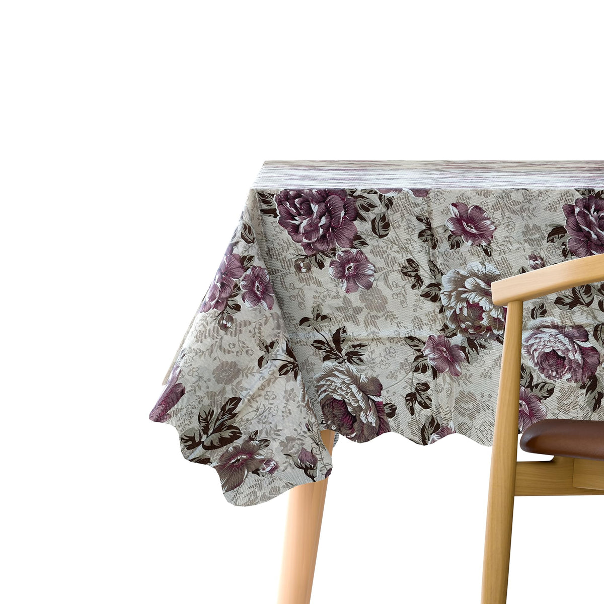 Scalloped Floral Tablecloth – 152 x 230 cm, 5 Designs, Wipe-Clean - Silver, Plum Roses