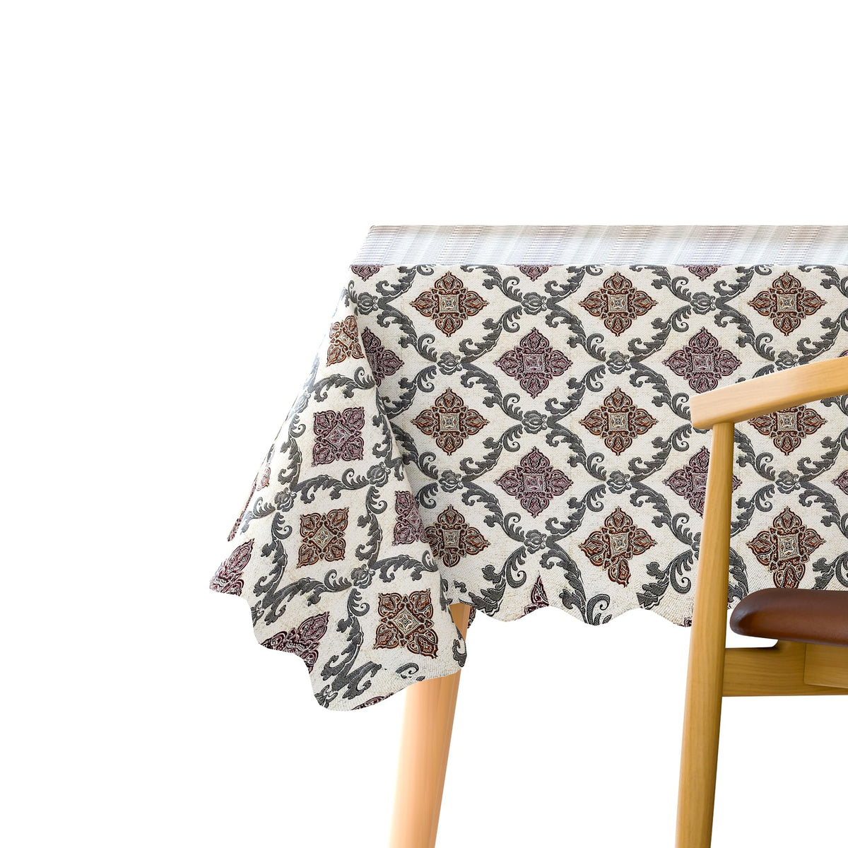 Scalloped Floral Tablecloth – 152 x 230 cm, 5 Designs, Wipe-Clean - Cream Damask