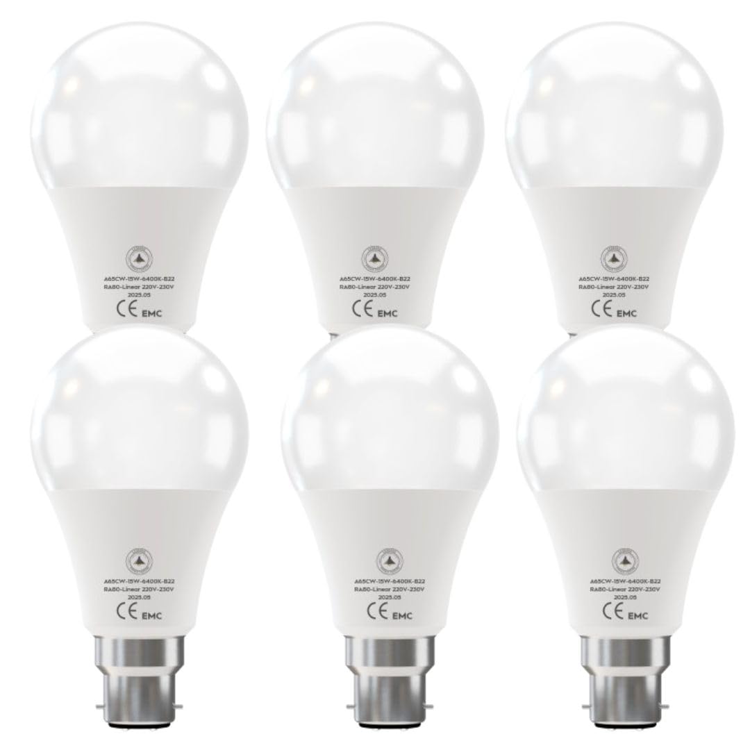 6 Pack - B22 LED Bulb SMD A65H-HP 15W Cool White 6400K Non Dimmable