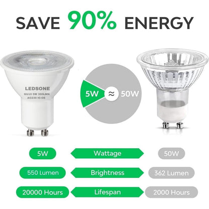 6 Pack - GU10 LED Bulb COB GU10-CW 5W Cool White 6400K Non Dimmable Clear Glass