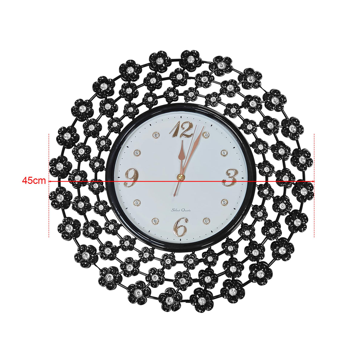 Crystal Flower Wall Clock – 45 cm, Black Metal Frame, Pack of 2 - photo 3
