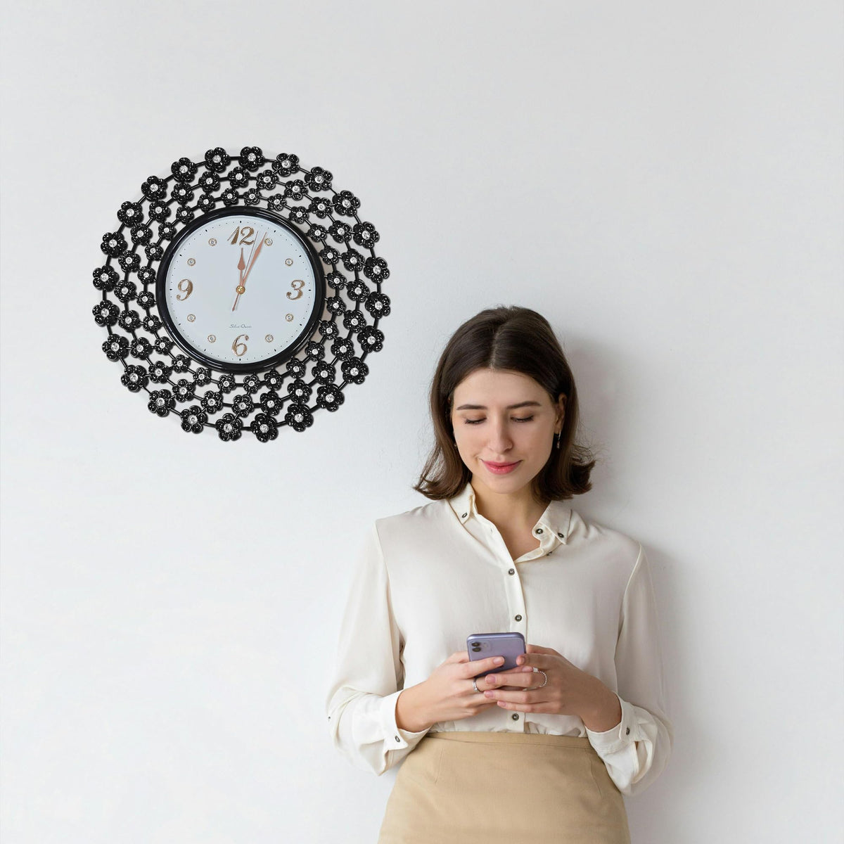 Crystal Flower Wall Clock – 45 cm, Black Metal Frame, Pack of 2 - photo 5