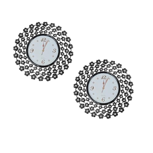 Crystal Flower Wall Clock – 45 cm, Black Metal Frame, Pack of 2