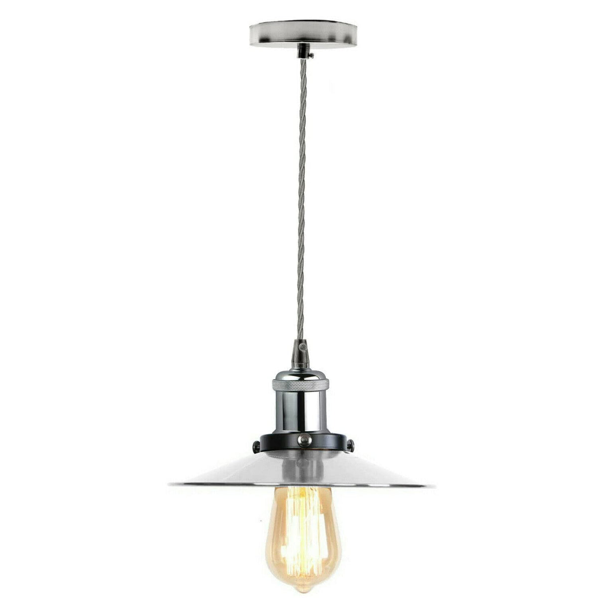 Grey Twisted Cable Pendant Light Set – 1m, Chrome or White E27 - Chrome, Flat Satin Nickel, Without Bulb