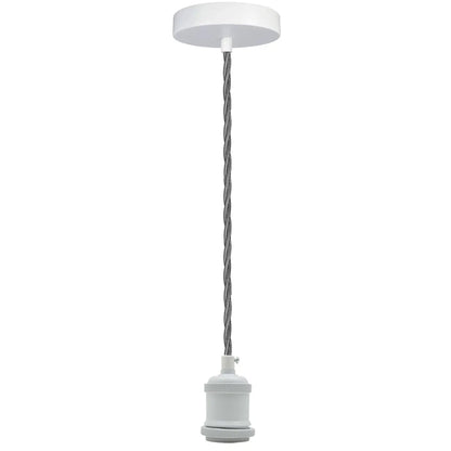 Grey Twisted Cable Pendant Light Set – 1m, Chrome or White E27 - White, No Shade, Without Bulb
