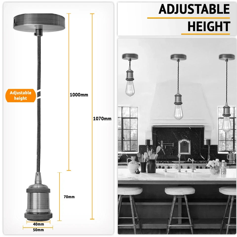 Grey Twisted Cable Pendant Light Set – 1m, Chrome or White E27 - photo 2