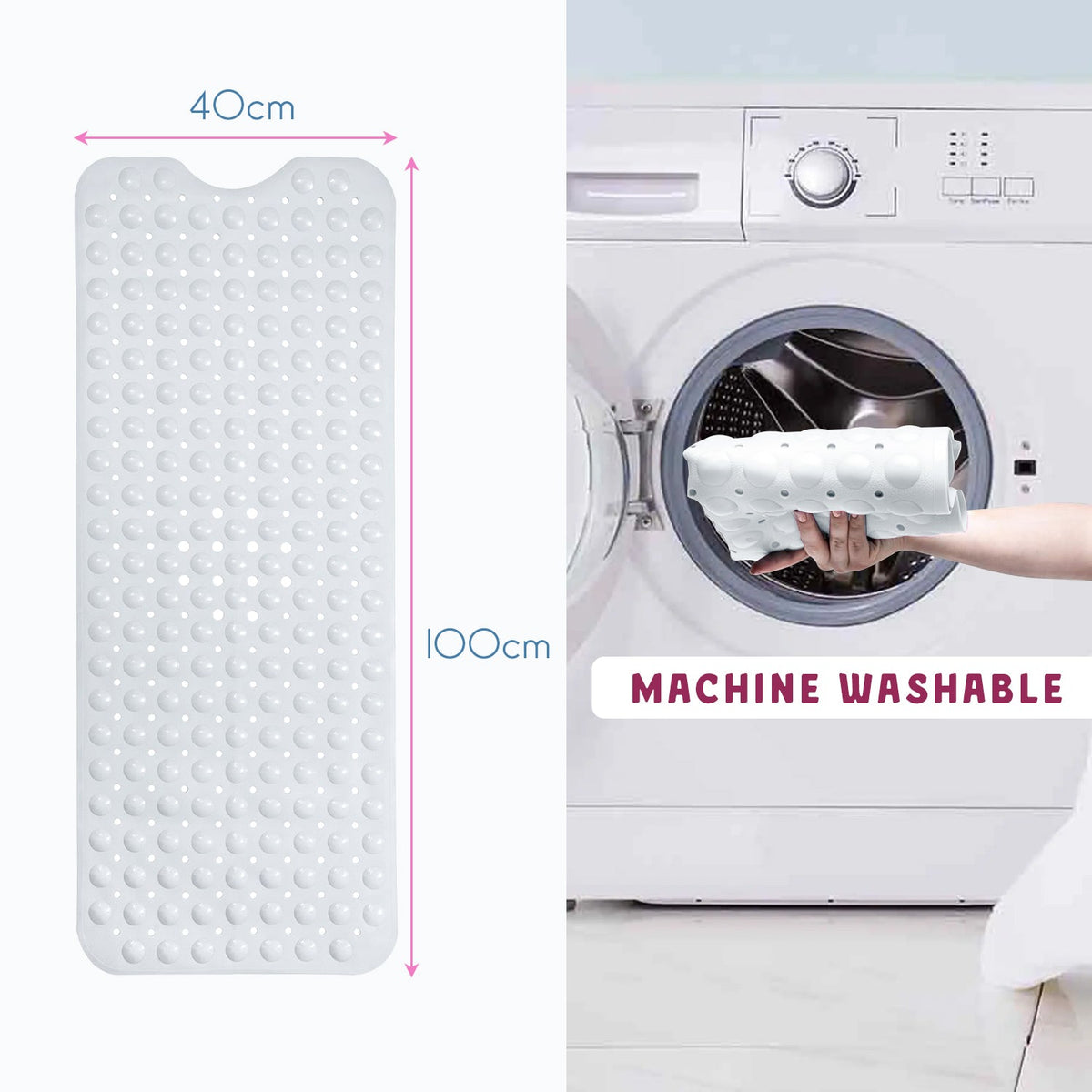 Non-Slip Shower Mat 100 x 40 cm – Suction Cups, Drain Holes, Blue, Pink or White - photo 3