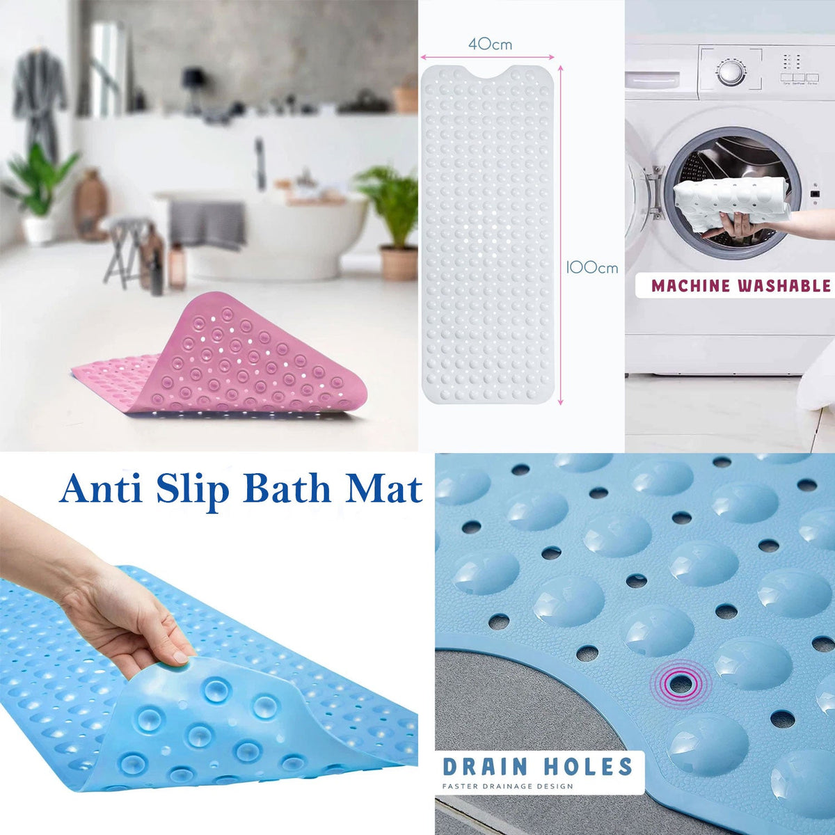 Non-Slip Shower Mat 100 x 40 cm – Suction Cups, Drain Holes, Blue, Pink or White - photo 2