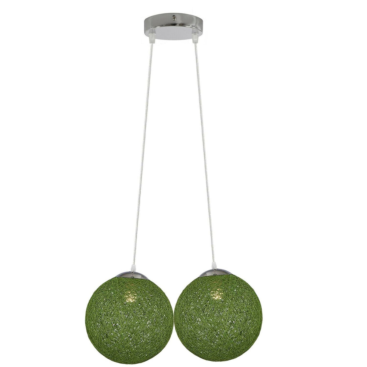 2-Light Rattan Ball Pendant – 20 cm Woven Shades, 7 Colours - Chrome, Rattan Ball Green, Without Bulb