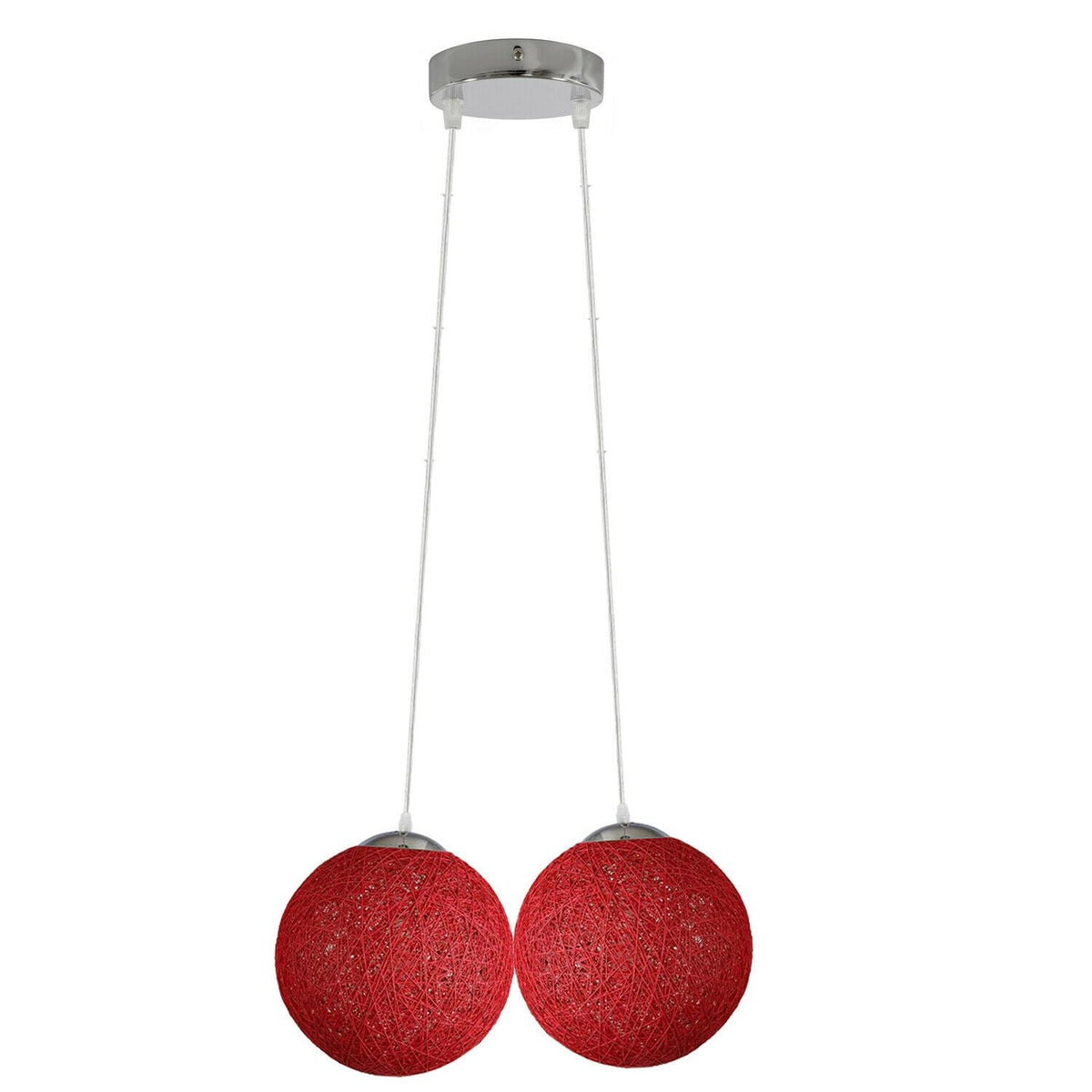2-Light Rattan Ball Pendant – 20 cm Woven Shades, 7 Colours - Chrome, Rattan Ball Red, Without Bulb