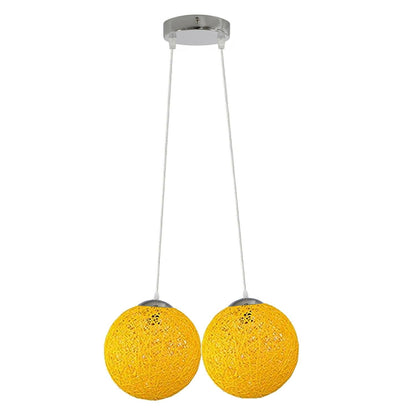 2-Light Rattan Ball Pendant – 20 cm Woven Shades, 7 Colours - Chrome, Rattan Ball Yellow, Without Bulb