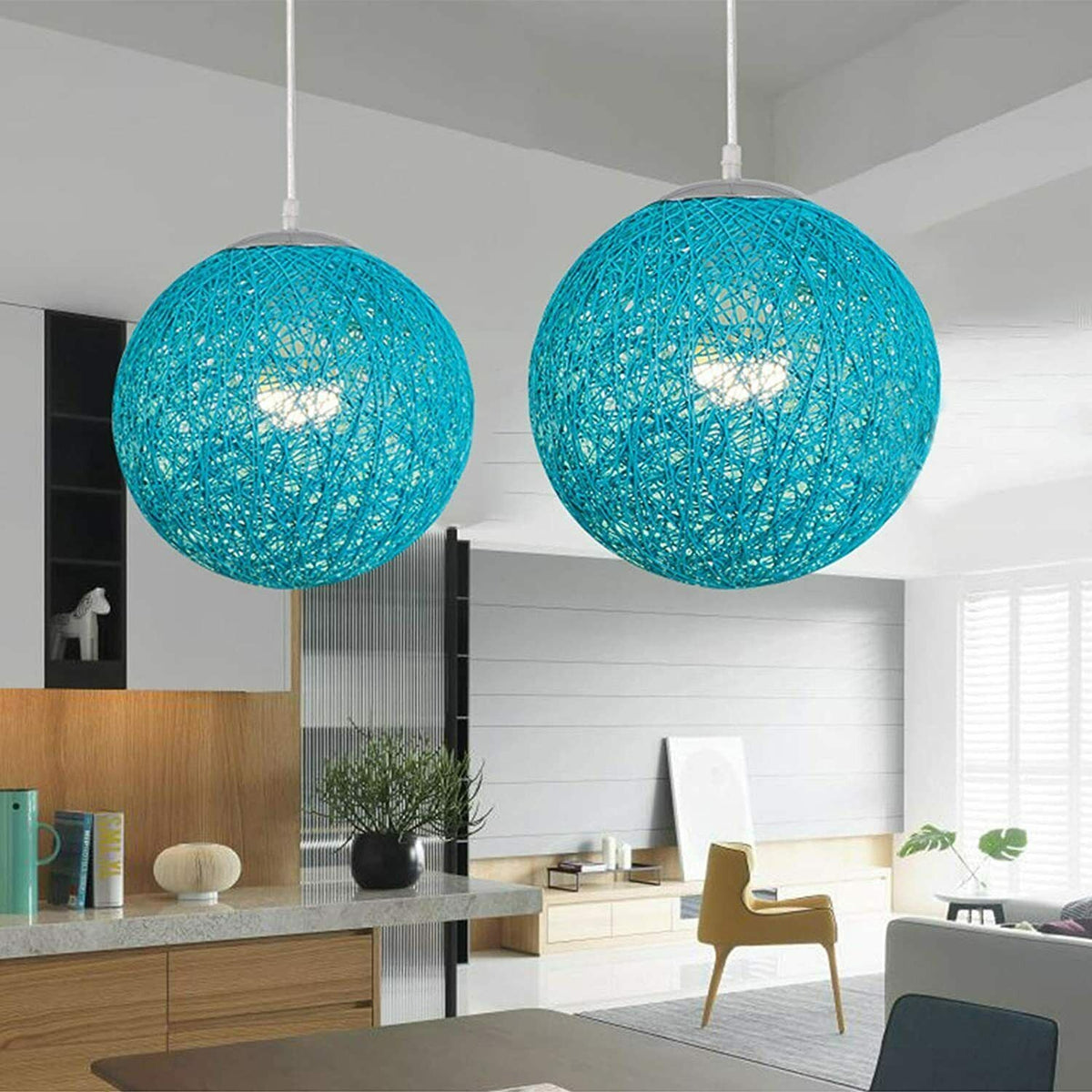2-Light Rattan Ball Pendant – 20 cm Woven Shades, 7 Colours