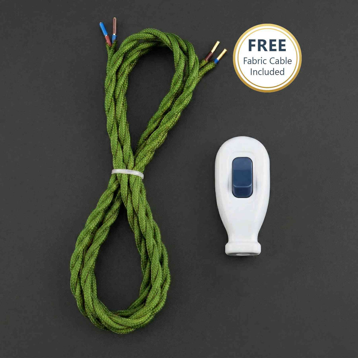 2 Core Fabric Lamp Cable with 16A Inline Rocker Switch - Army Green