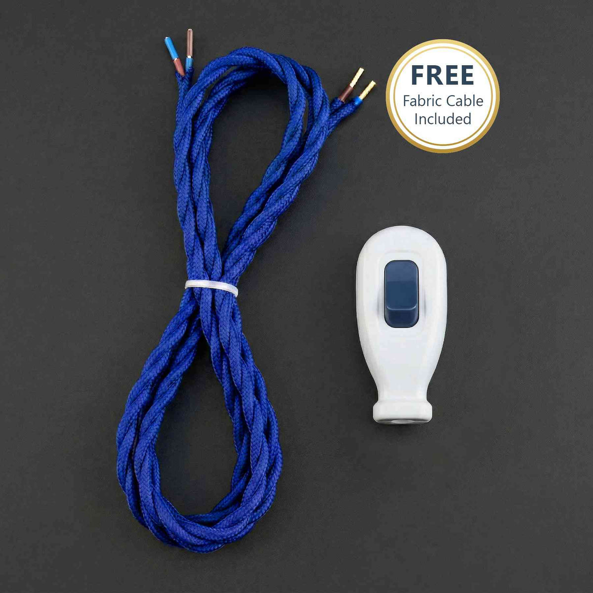 2 Core Fabric Lamp Cable with 16A Inline Rocker Switch - Dark Blue
