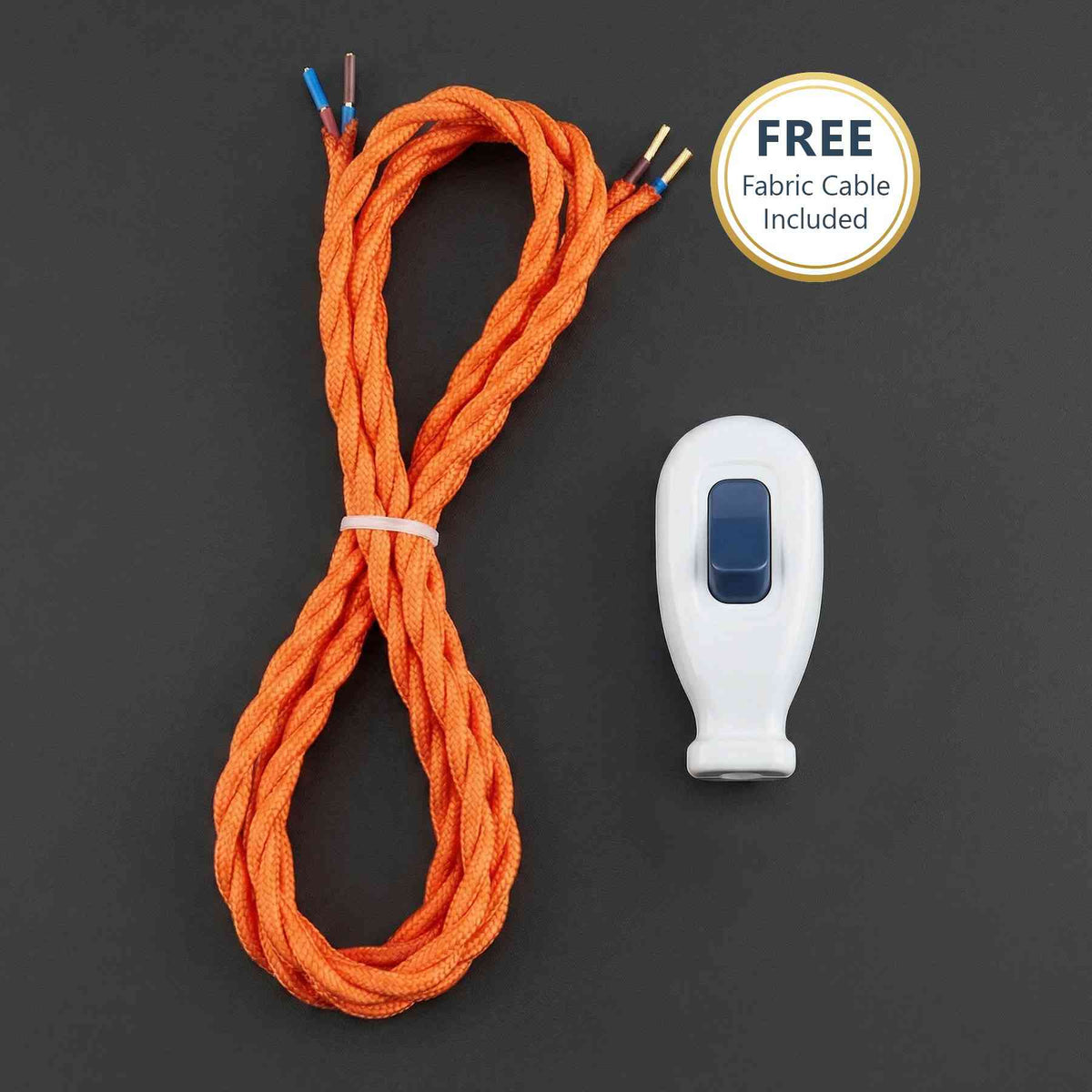 2 Core Fabric Lamp Cable with 16A Inline Rocker Switch - Orange