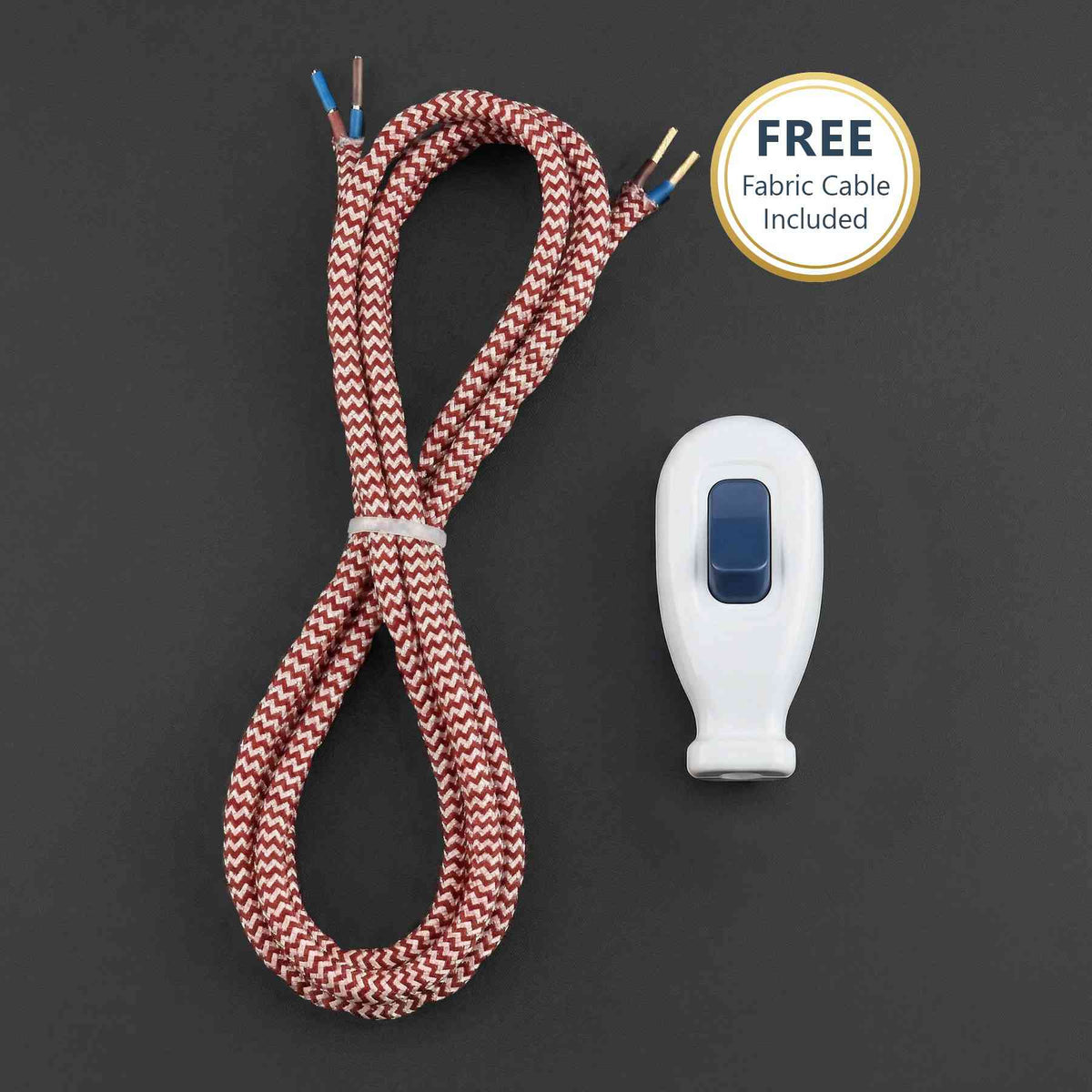 2 Core Fabric Lamp Cable with 16A Inline Rocker Switch - Red & White