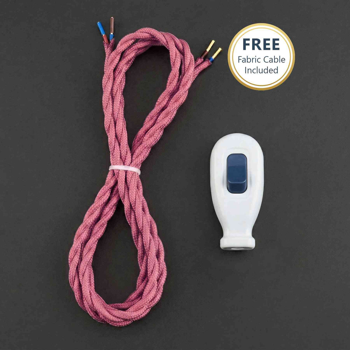 2 Core Fabric Lamp Cable with 16A Inline Rocker Switch - Shiny Pink