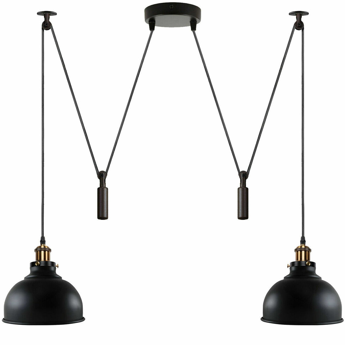 2-Light Dome Pendant – Pulley or Spider Hanging, 29 cm Shades, E27 - Yellow Brass, Black & Gold 21 cm, Pulley, Without Bulb