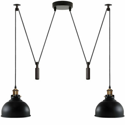 2-Light Dome Pendant – Pulley or Spider Hanging, 29 cm Shades, E27 - Yellow Brass, Black & Gold 21 cm, Pulley, Without Bulb