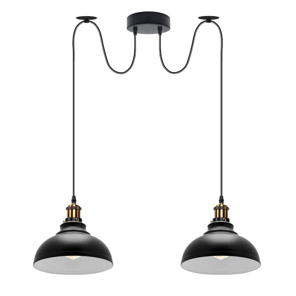 2-Light Dome Pendant – Pulley or Spider Hanging, 29 cm Shades, E27 - Yellow Brass, Black & White Inner 29 cm, Spider, Without Bulb