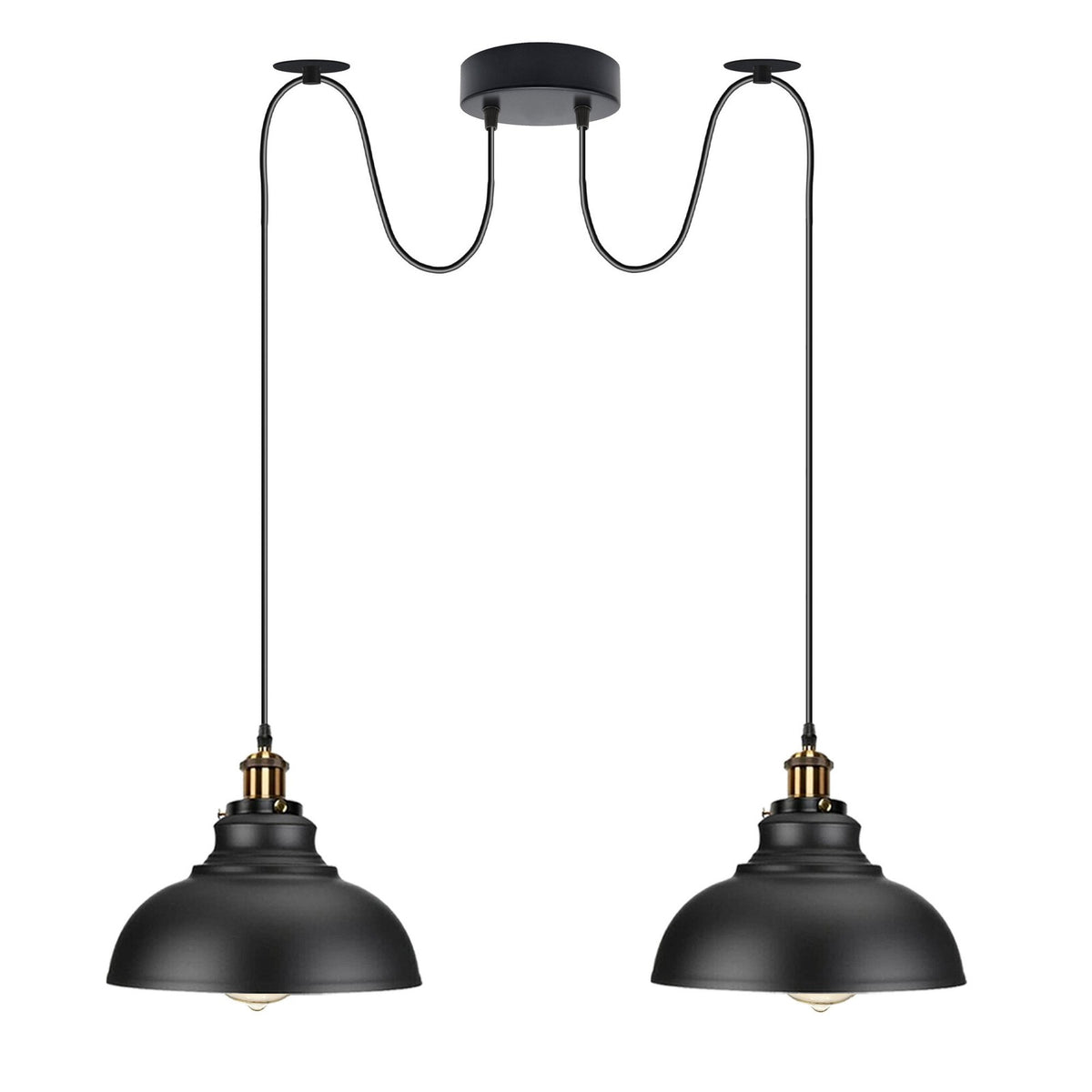 2-Light Dome Pendant – Pulley or Spider Hanging, 29 cm Shades, E27 - Yellow Brass, Black 29 cm, Spider, Without Bulb
