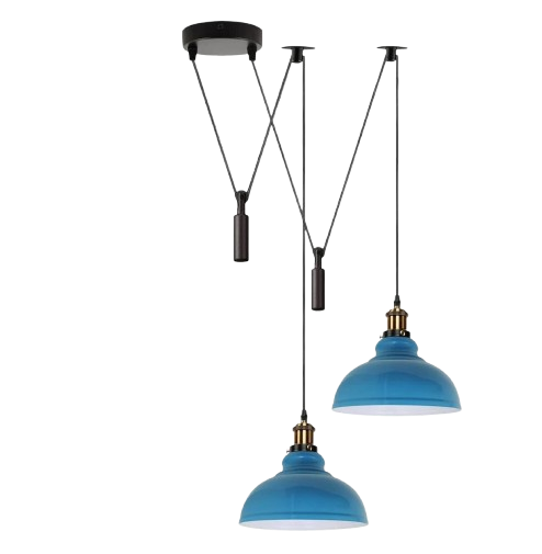 2-Light Dome Pendant – Pulley or Spider Hanging, 29 cm Shades, E27 - Yellow Brass, Blue 29 cm, Pulley, Without Bulb