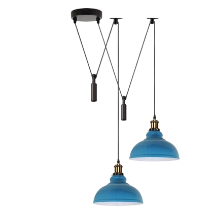 2-Light Dome Pendant – Pulley or Spider Hanging, 29 cm Shades, E27 - Yellow Brass, Blue 29 cm, Pulley, Without Bulb