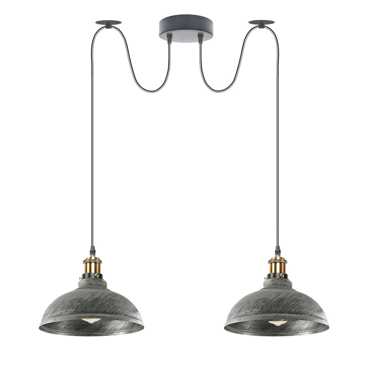 2-Light Dome Pendant – Pulley or Spider Hanging, 29 cm Shades, E27 - Yellow Brass, Brushed Silver 29 cm, Spider, Without Bulb
