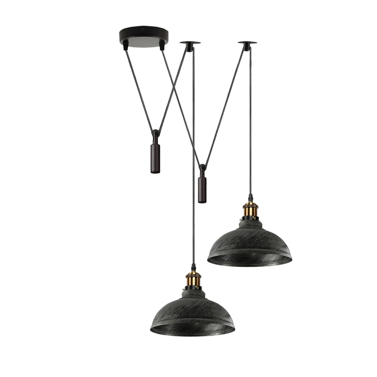 2-Light Dome Pendant – Pulley or Spider Hanging, 29 cm Shades, E27 - Yellow Brass, Brushed Silver 29 cm, Pulley, Without Bulb