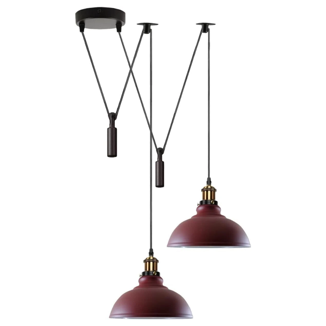 2-Light Dome Pendant – Pulley or Spider Hanging, 29 cm Shades, E27 - Yellow Brass, Burgundy 29 cm, Pulley, Without Bulb