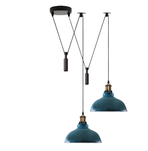 2-Light Dome Pendant – Pulley or Spider Hanging, 29 cm Shades, E27 - Yellow Brass, Cyan Blue 29 cm, Pulley, Without Bulb