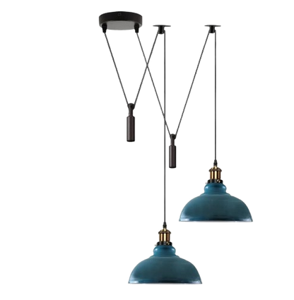 2-Light Dome Pendant – Pulley or Spider Hanging, 29 cm Shades, E27 - Yellow Brass, Cyan Blue 29 cm, Pulley, Without Bulb