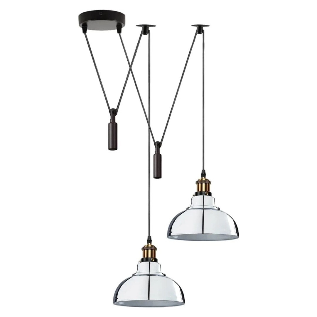 2-Light Dome Pendant – Pulley or Spider Hanging, 29 cm Shades, E27 - Yellow Brass, Chrome 29 cm, Pulley, Without Bulb