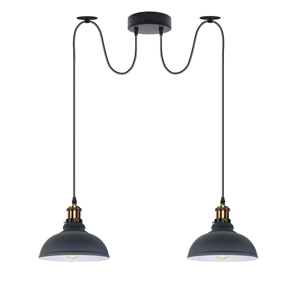 2-Light Dome Pendant – Pulley or Spider Hanging, 29 cm Shades, E27 - Yellow Brass, Grey 29 cm, Spider, Without Bulb