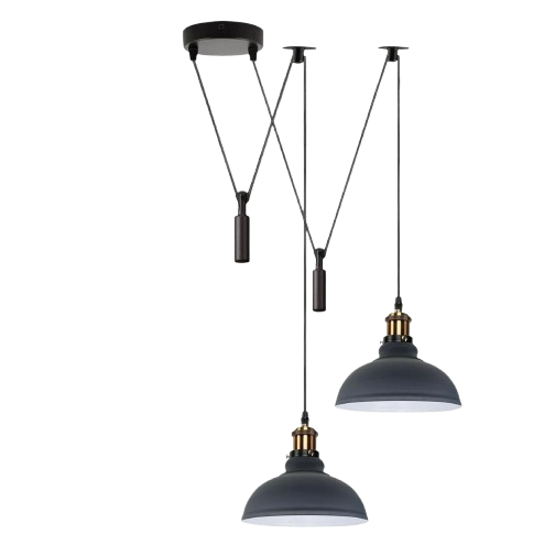 2-Light Dome Pendant – Pulley or Spider Hanging, 29 cm Shades, E27 - Yellow Brass, Grey 29 cm, Pulley, Without Bulb
