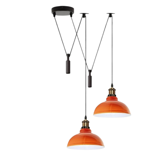 2-Light Dome Pendant – Pulley or Spider Hanging, 29 cm Shades, E27 - Yellow Brass, Orange 29 cm, Pulley, Without Bulb