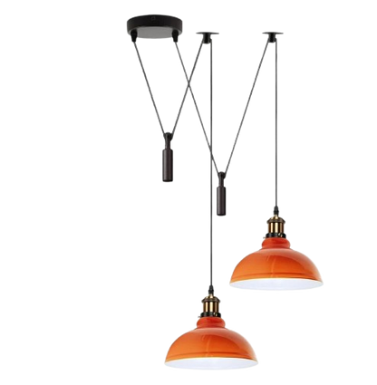 2-Light Dome Pendant – Pulley or Spider Hanging, 29 cm Shades, E27 - Yellow Brass, Orange 29 cm, Pulley, Without Bulb