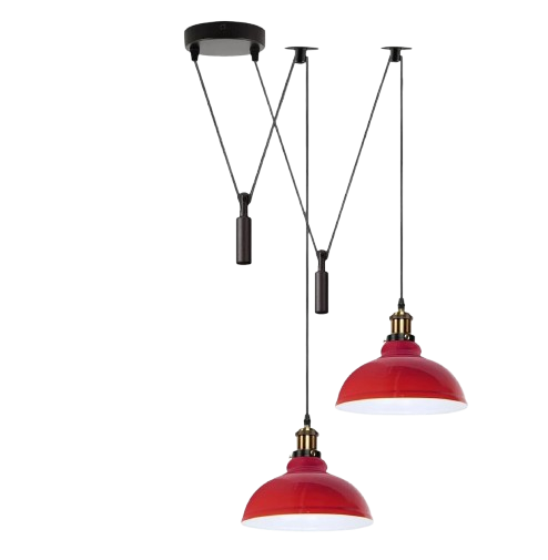 2-Light Dome Pendant – Pulley or Spider Hanging, 29 cm Shades, E27 - Yellow Brass, Red 29 cm, Pulley, Without Bulb