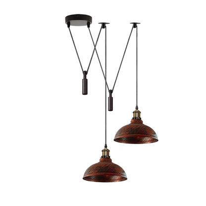 2-Light Dome Pendant – Pulley or Spider Hanging, 29 cm Shades, E27 - Yellow Brass, Rustic Red 29 cm, Pulley, Without Bulb