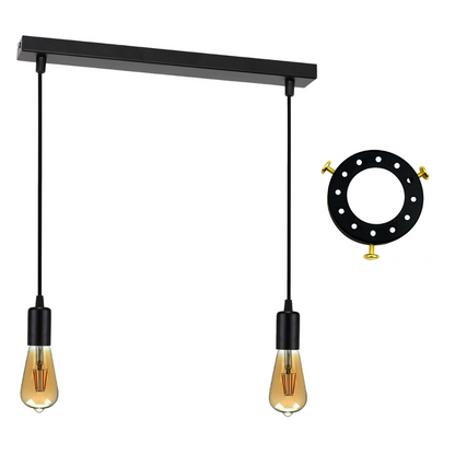 2-Light Bar Pendant – Black E27 Holders, Ceiling Bar - Black, With Shade Rings, Without Bulb
