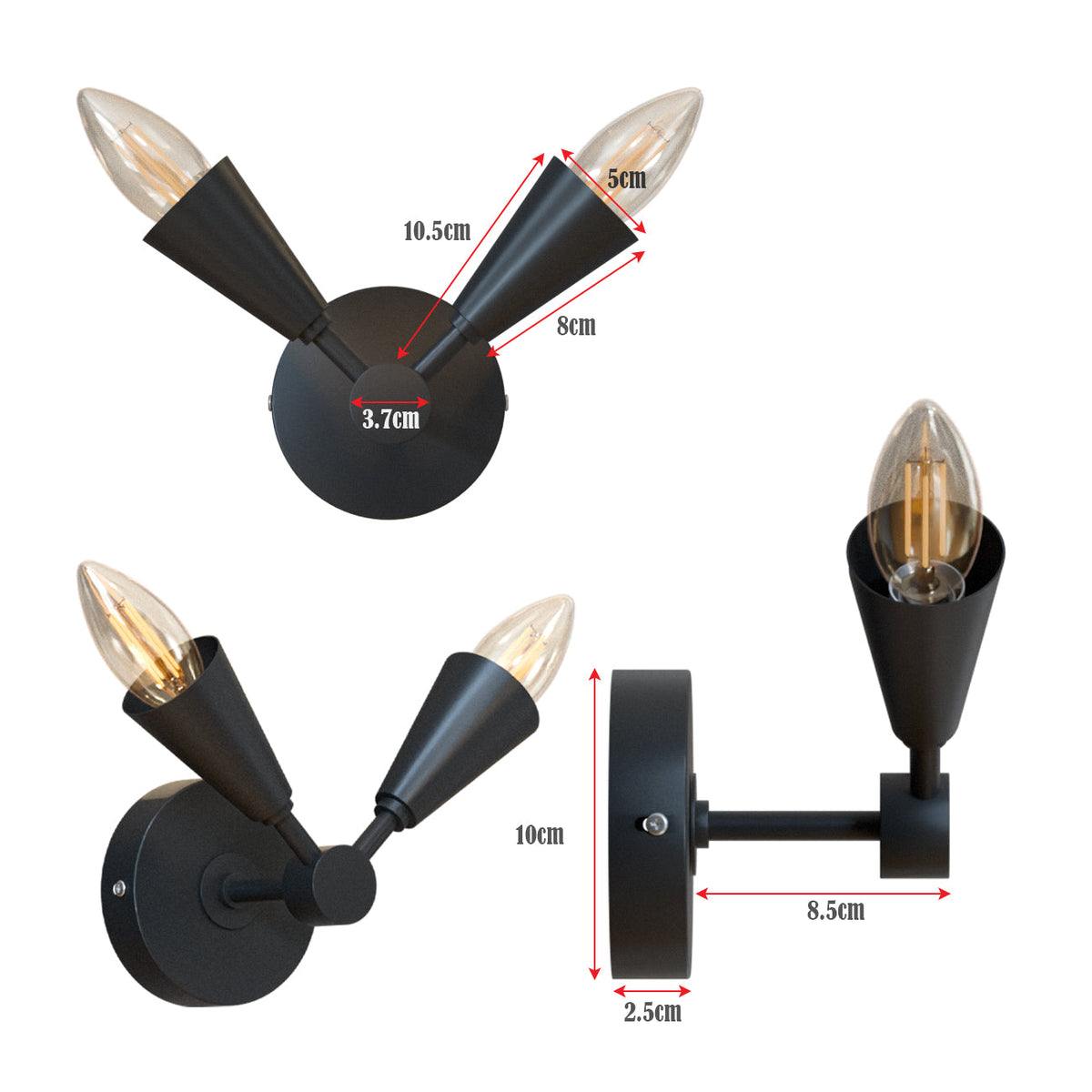 Twin E14 Wall Sconce with 90° Arms & C35 LED Bulbs – 6 Finishes - photo 16