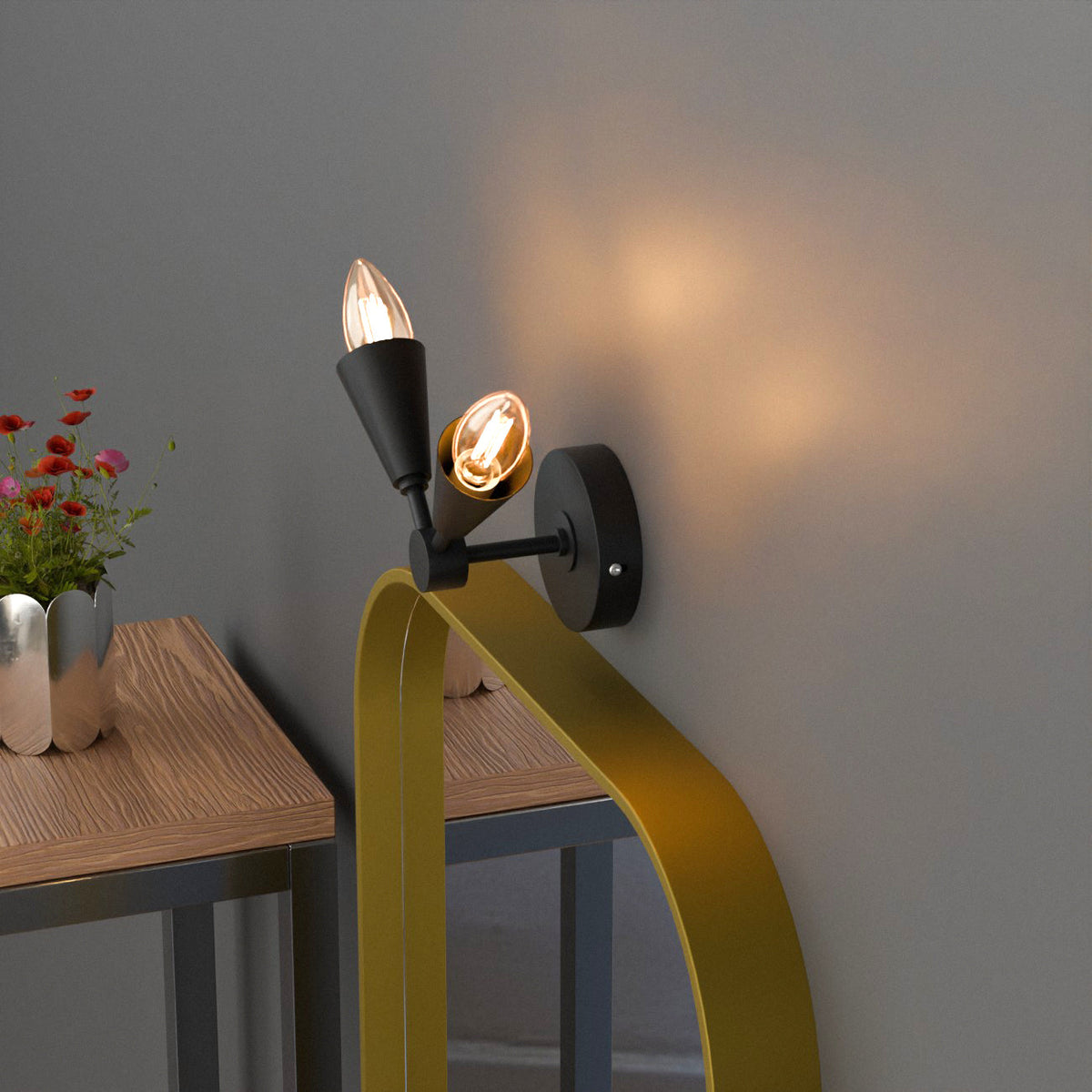 Twin E14 Wall Sconce with 90° Arms & C35 LED Bulbs – 6 Finishes - photo 3