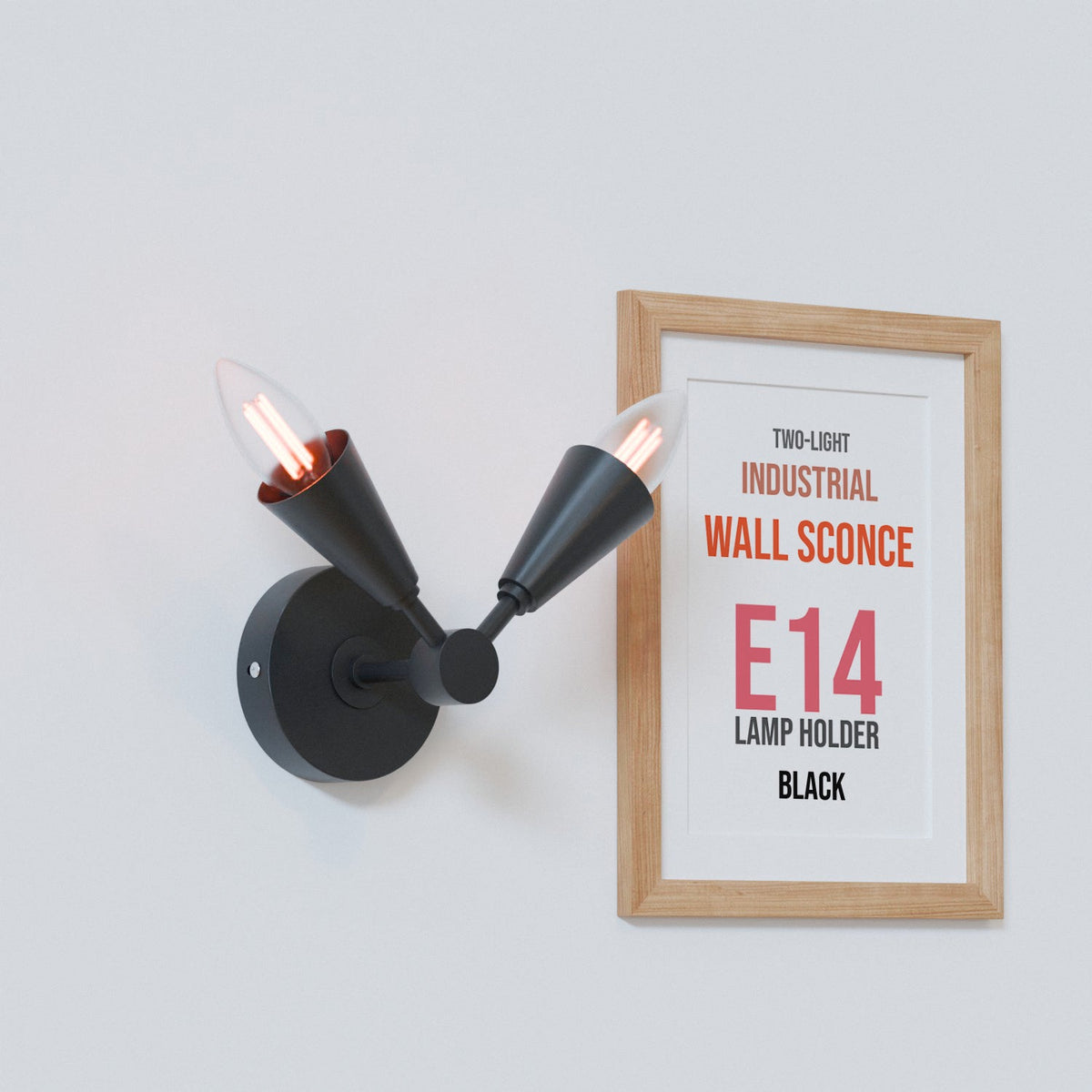 Twin E14 Wall Sconce with 90° Arms & C35 LED Bulbs – 6 Finishes - Black, No Shade, C35 LED Bulb 4W