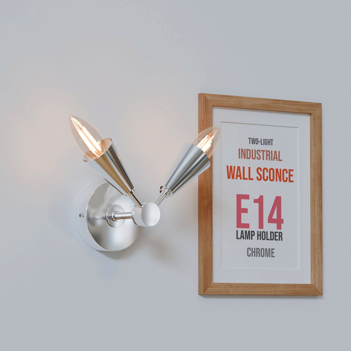 Twin E14 Wall Sconce with 90° Arms & C35 LED Bulbs – 6 Finishes - Chrome, No Shade, C35 LED Bulb 4W